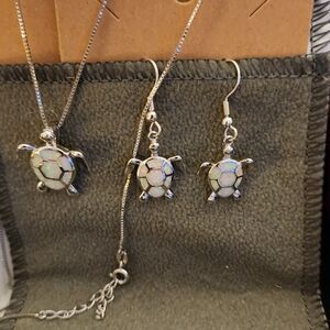 925 Sterling Silver Turtle Jewelry Set – Opal Inlay Necklace + Earrings MSRP $65